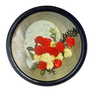 Vintage Round Metal Floral Serving Tray Red White Carnations Black Rim Retro 13"